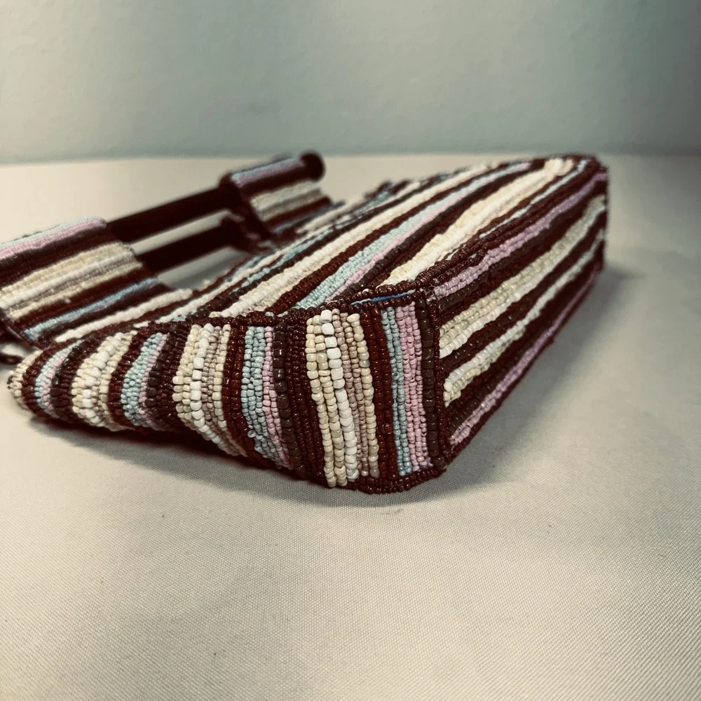 Antonio Melani Glass Bead Handbag Wood Handle Brown‎ Cream Blue Pink Summer Boho - Picture 14 of 16